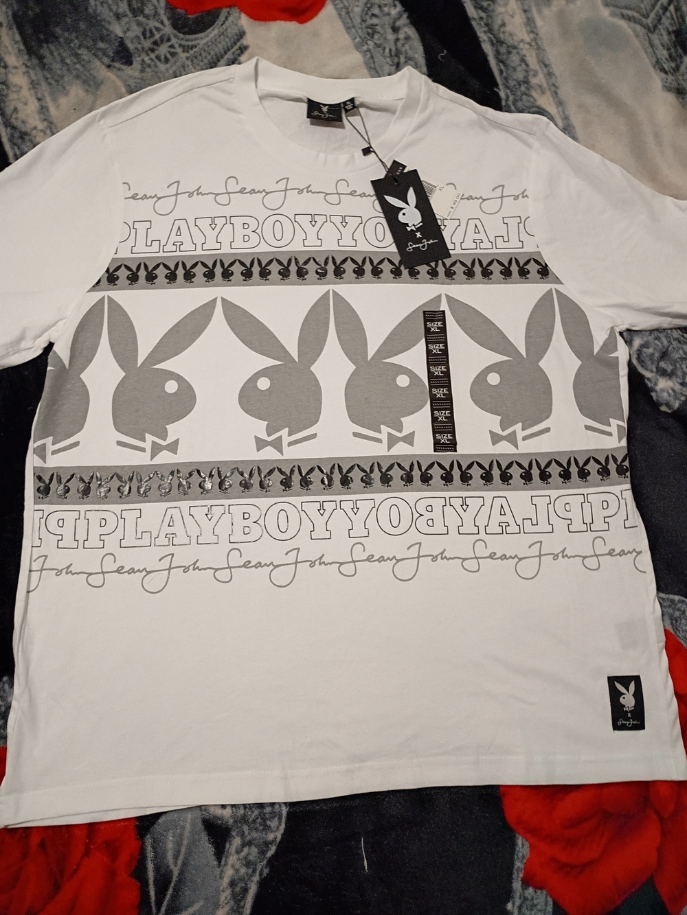 PLAYBOY~White Short Sleeve Tee with Gray Bunny Graphic